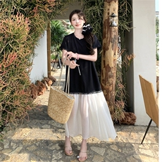 2025新款简约气质蕾丝拼接假两件连衣裙女宽松显瘦短袖圆领长裙子，女装连衣裙，浙宝217
