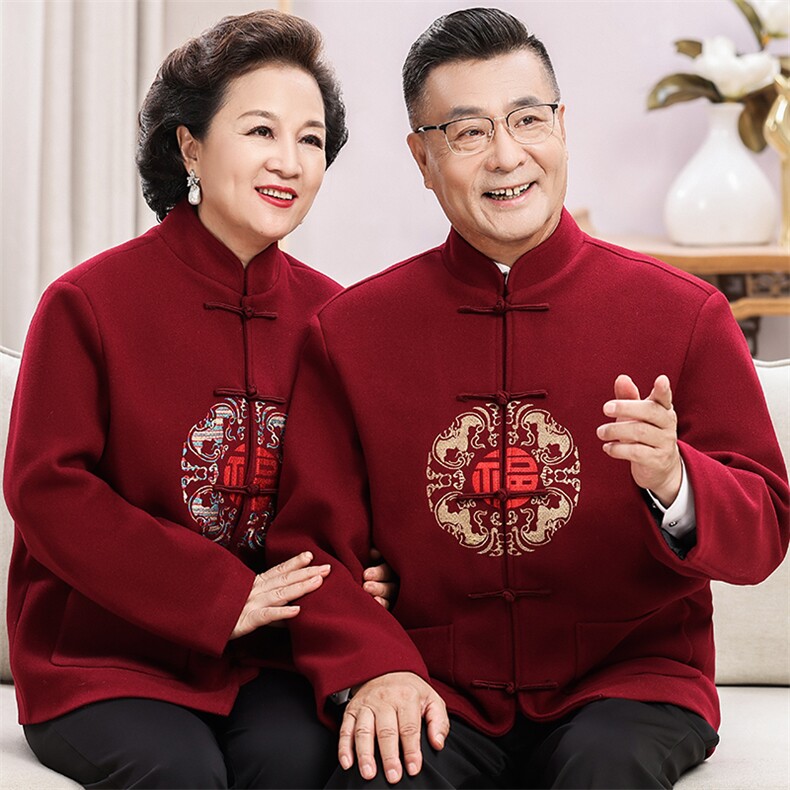 情侣装羊毛呢中老年加绒唐装外套男士风复古新中式双面呢唐装,男装民族服装,钱塘723