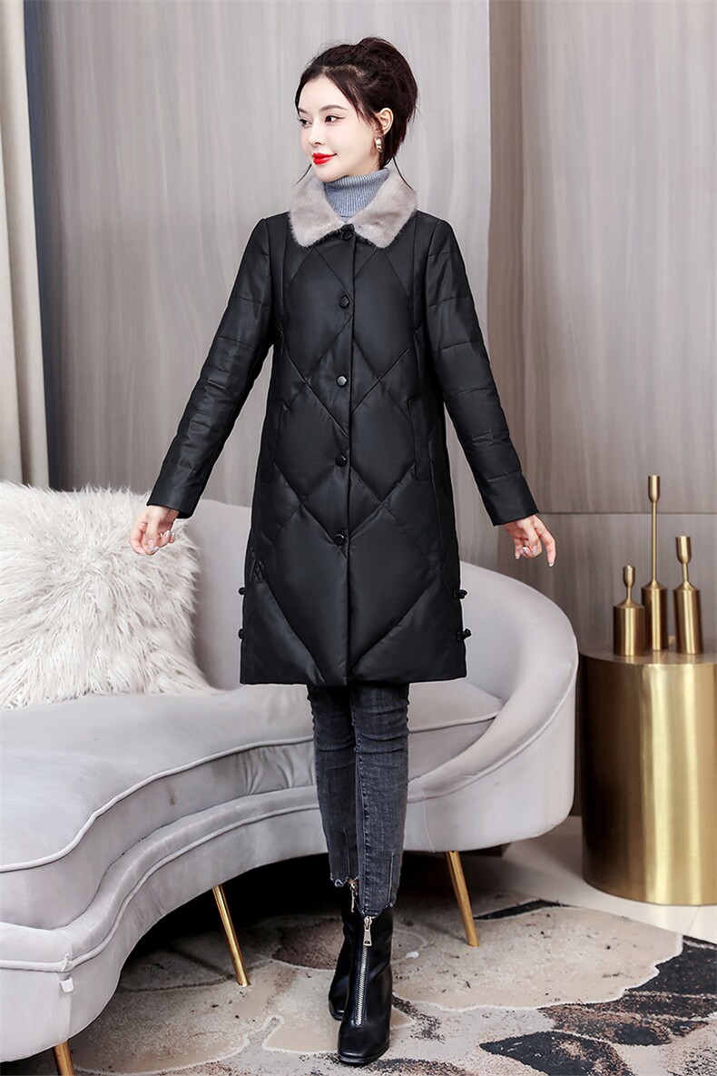 PU皮衣羽绒服女中长款冬2021年新款女款黑色免洗外套,女装皮衣,浙宝281