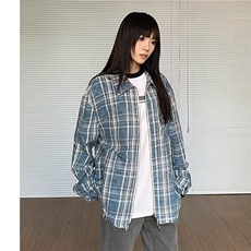 蓝色格子长袖衬衫男女情侣春秋设计痞帅衬衣秋季潮牌时尚炸街外套，男装衬衫，星座506A