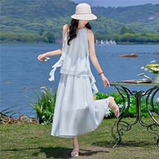 （新款现货）2026夏装时尚挂脖飘带领花上衣+半裙超仙套裙两件套，女装套装/套裙，印象茜