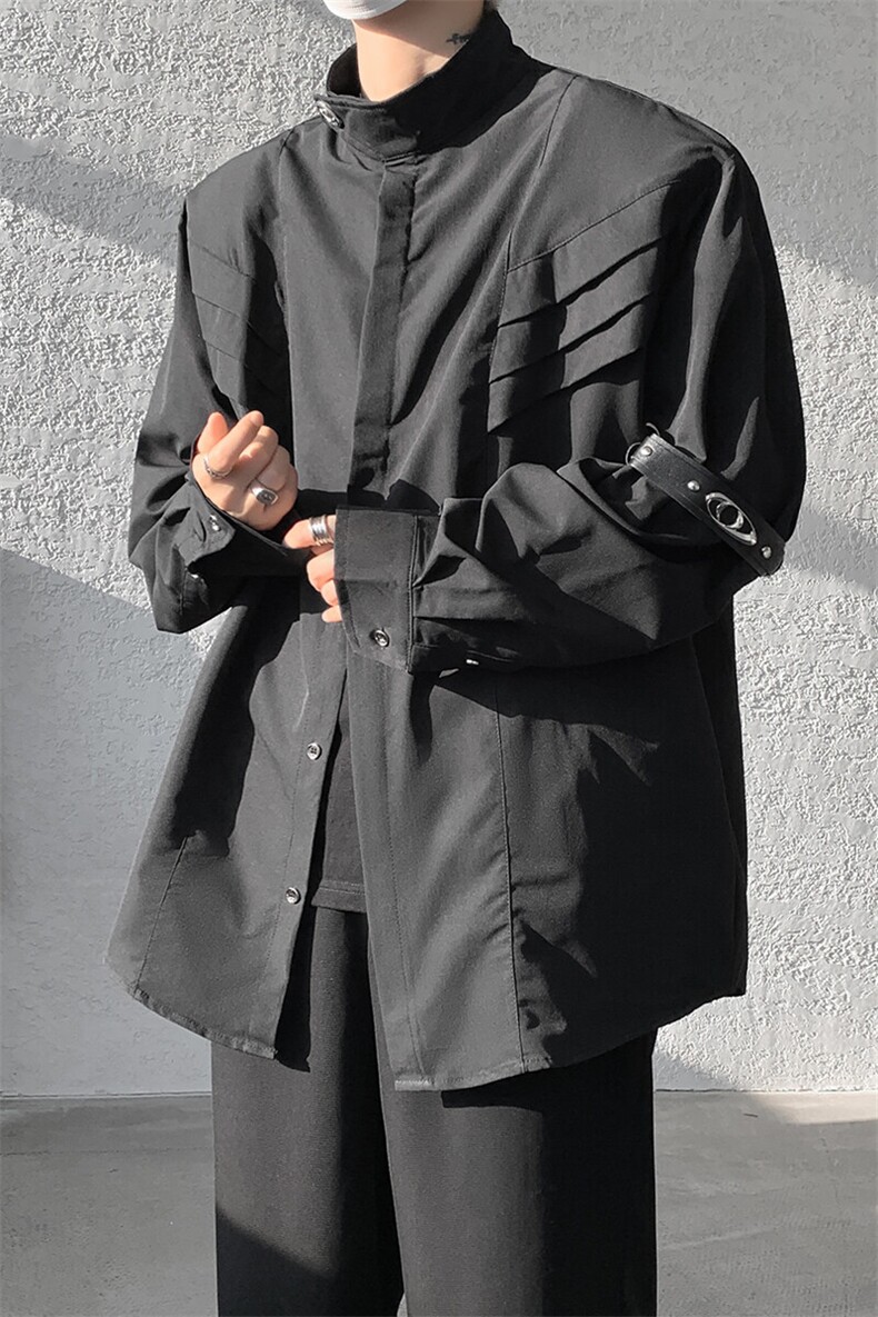 8XL-M高街风小众压褶设计高级感垫肩立领衬衫男宽松衬衣CS521P68,男装衬衫,电商D206-1
