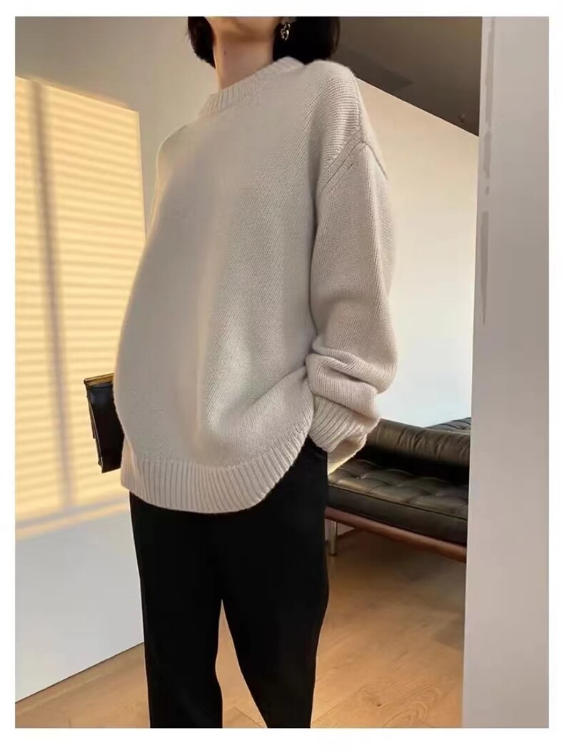 秋季女士宽松简约百搭纯色三股廓形圆领打底衫,女装羊毛衫,恒恩羊绒