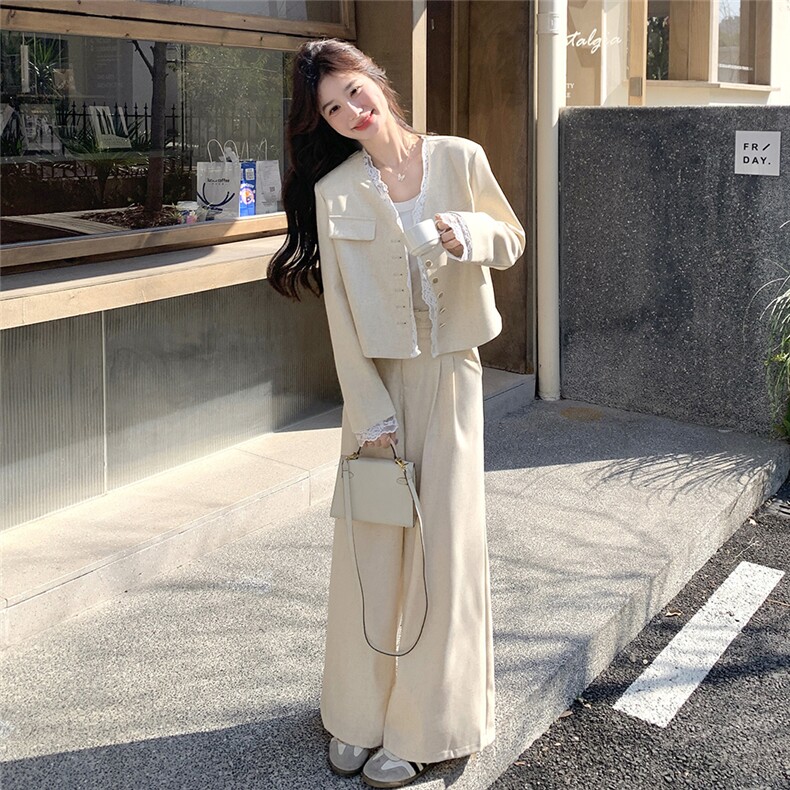 现货2D078-T1926-P175K258米色蕾丝西装+长裤2件套装,女装套装/套裙,2D078