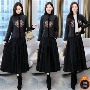 2021秋冬新款香云纱棉衣貂毛套装重工刺绣时尚百搭两套装,女装职业装,韩然一族