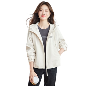 时尚拉链休闲连帽短外套女2025秋季新款宽松百搭显瘦工装夹克上衣图片