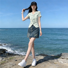 高级感时尚气质女夏新款套装立体花朵短袖上衣显瘦牛仔短裙两件套，女装套装/套裙，江南