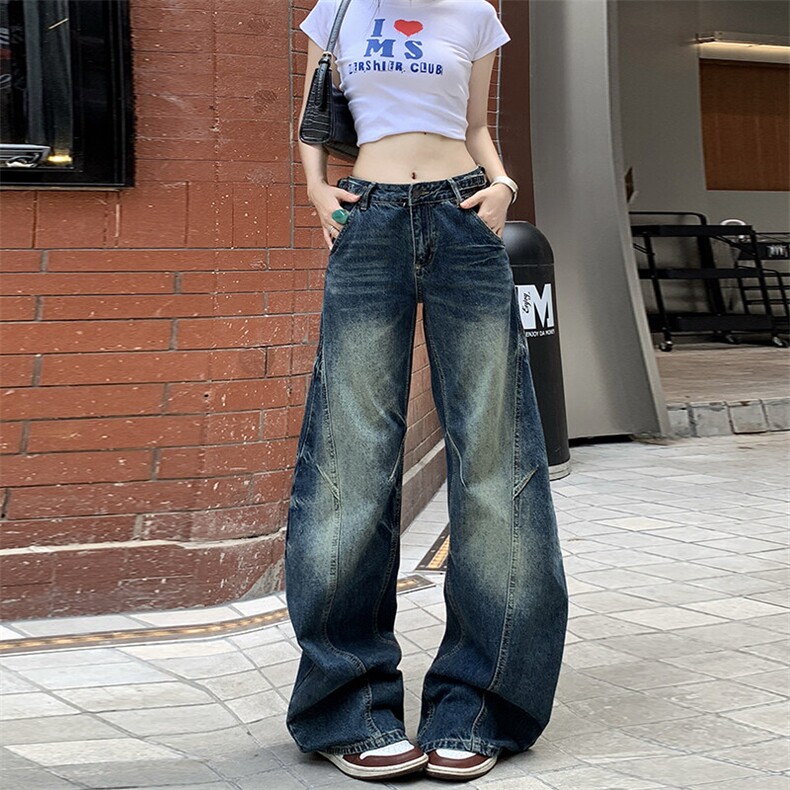 拼接白色阔腿牛仔裤男女夏季休闲裤高腰宽松直筒裤长裤YD9017-P70,男装牛仔裤,星座509