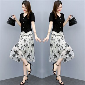 不规则短袖T韩版新款设计感显瘦修身V领套装，女装套装/套裙，布芭啦