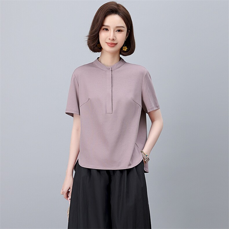 SHUYE原创设计文艺休闲宽松百搭独特裁设计小立领短袖T恤女2025,女装T恤,阿丹