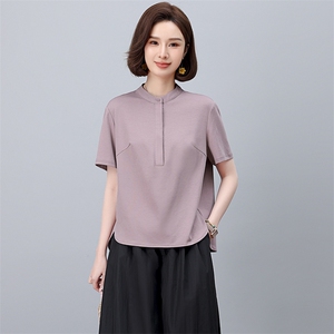 SHUYE原创设计 文艺休闲宽松百搭独特裁设计小立领短袖T恤女2025图片