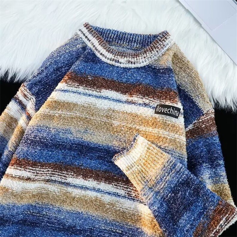 日系条纹撞色男士毛衣秋季渐变宽松针织衫百搭休闲上衣MY808/P60，男装针织衫/毛衣，星座506B