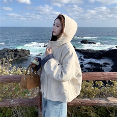 米白色复古格纹拼接连帽夹棉外套女2025韩系宽松休闲加厚保暖上衣，女装棉衣/棉服，2C326