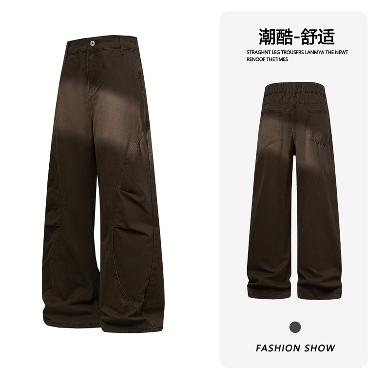 B221 美式ins高街斜切宽松休闲洗褪弯刀牛仔裤 LK26619-特P50控88图片