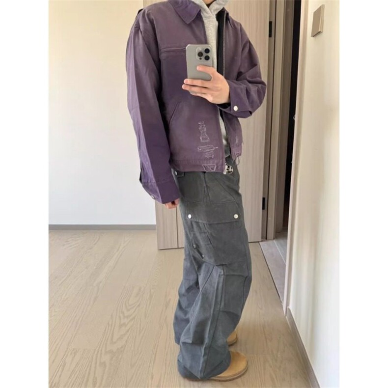 【有货】水洗做旧破坏帆布紫色夹克工装外套JK7222特P80,男装夹克,星座908-1