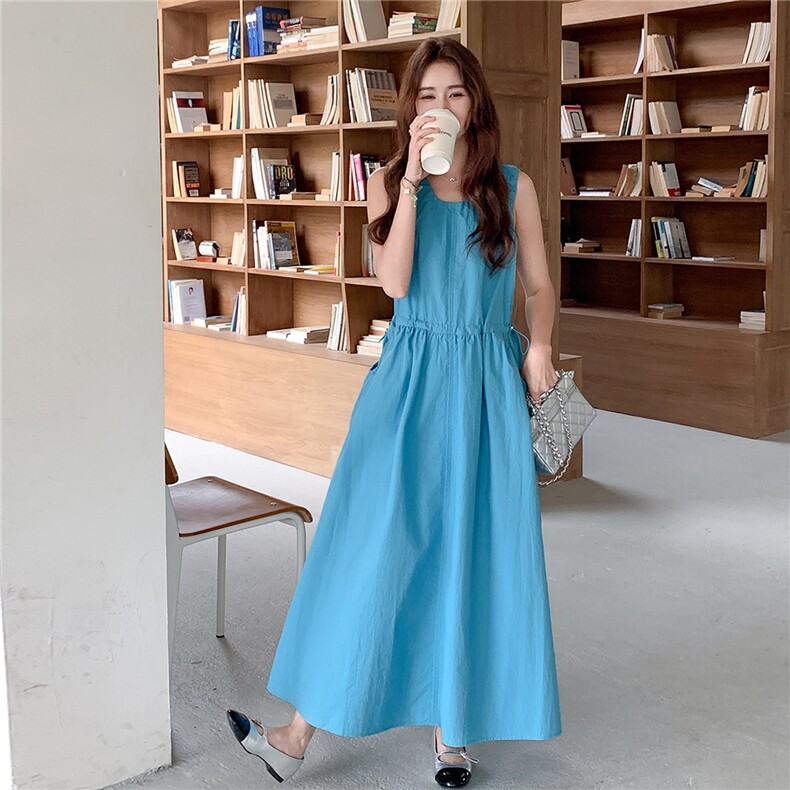 蓝色无袖连衣裙女夏2025新款今年流行度假风法式高级感仙女长裙,女装连衣裙,2C232