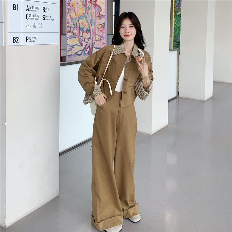 卡其色工装格子拼接夹克套装女秋2025新款一整套穿搭阔腿裤两件套,女装套装/套裙,2C133