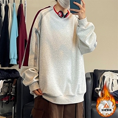 美式拼接撞色圆领卫衣大码宽松加绒加厚上衣W4650JR（加绒）特P46，男装卫衣，电商A007