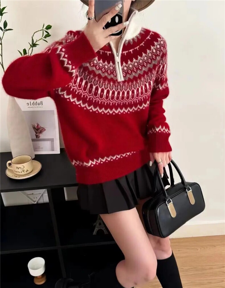 费尔岛提花~软糯山羊绒衫2025秋冬半拉链女保暖毛衣针织羊毛衫灰,针织衫/毛衣,戎美山