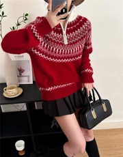 费尔岛提花~软糯山羊绒衫2025秋冬半拉链女保暖毛衣针织羊毛衫灰，女装针织衫/毛衣，戎美山
