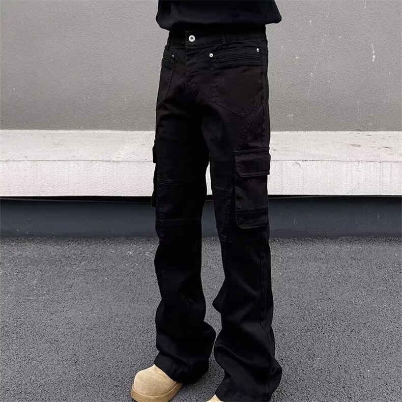 美式cleanfit口袋褶皱微喇休闲裤男高街嘻哈高级感宽松直筒长裤子,男装休闲裤,星座506A