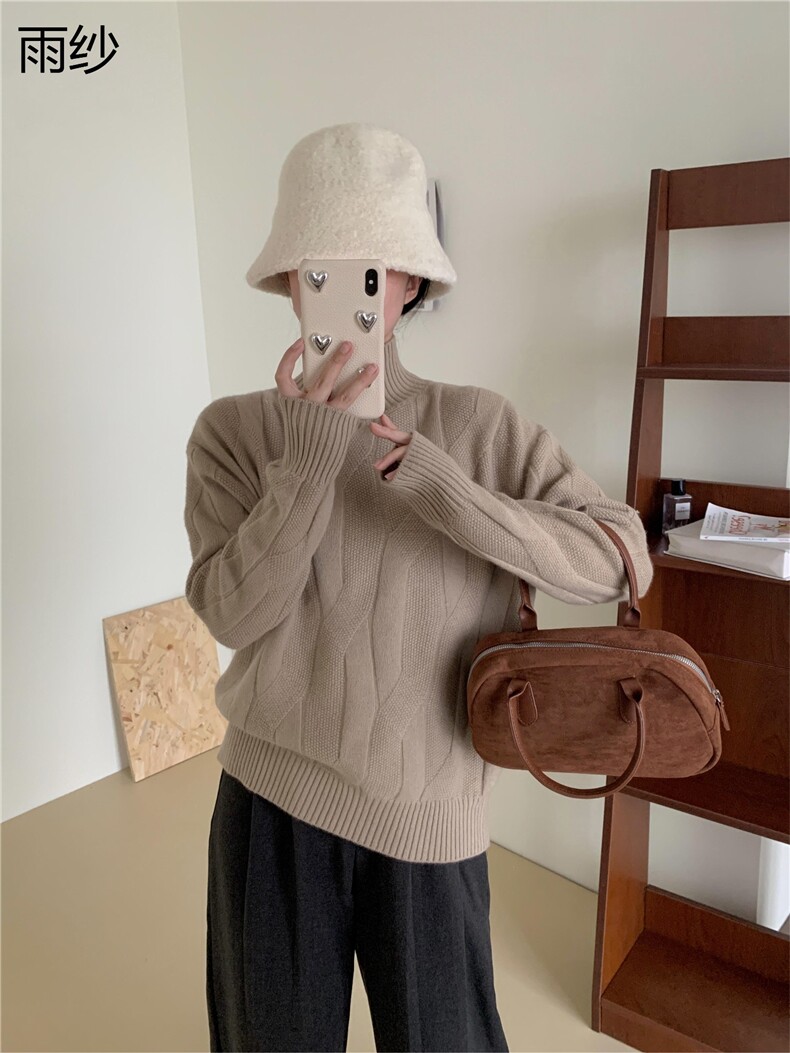 女士秋冬10%麻花上衣纯色简约高领毛衣图片
