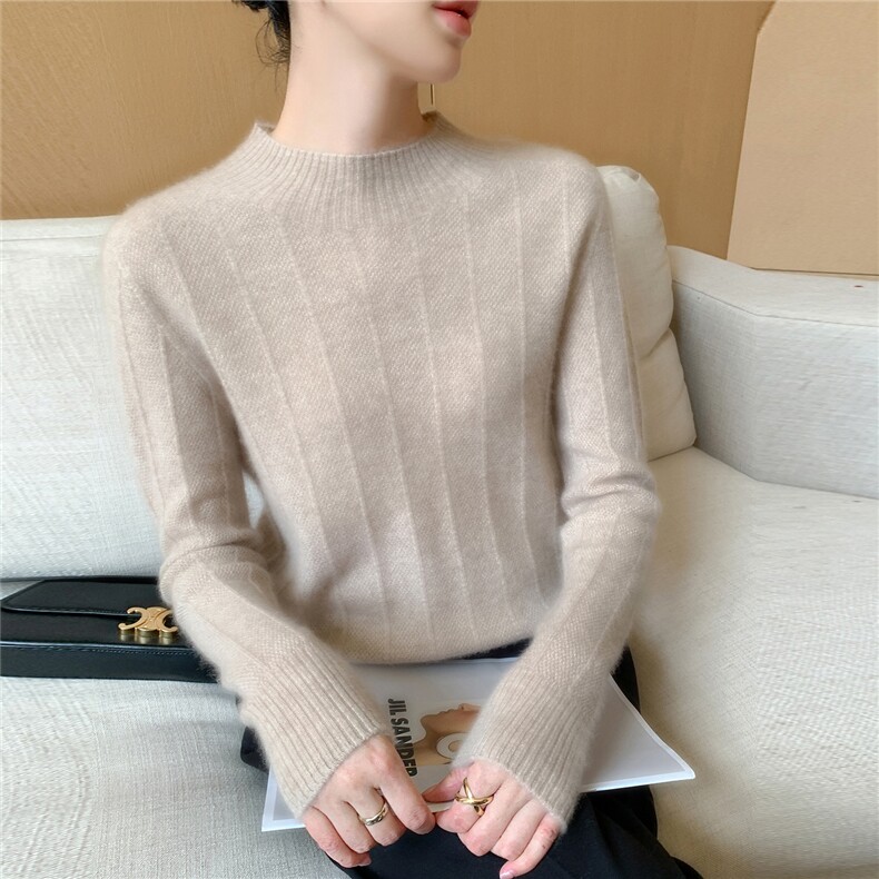 2025年秋季女士一线成衣数条纹半高,女装羊绒衫,百越羊绒