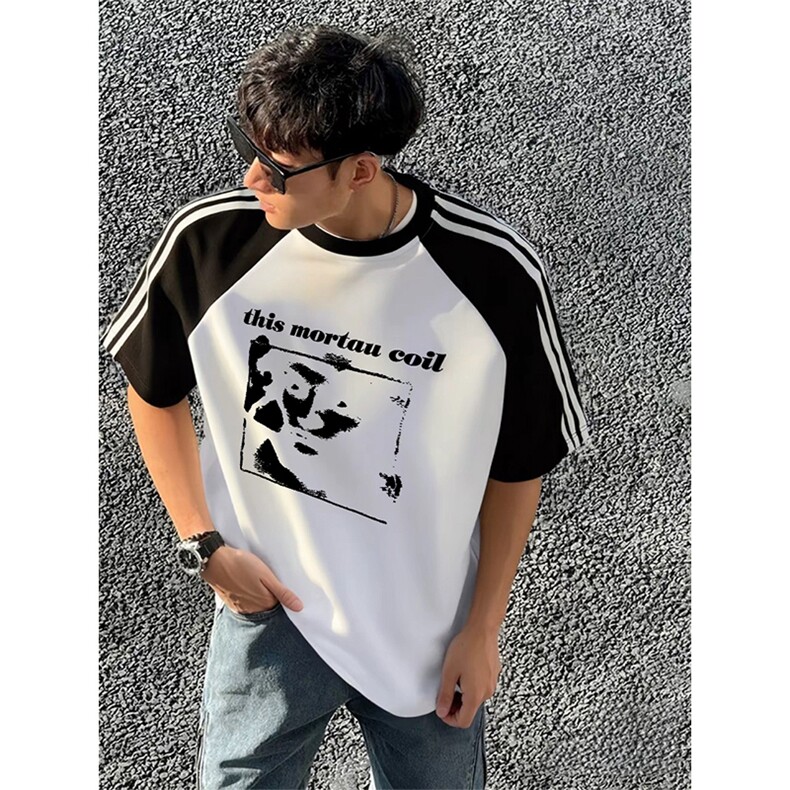 抖音得物品质二开240克宽松纯棉美式潮牌插肩三杠织带短袖T恤图片