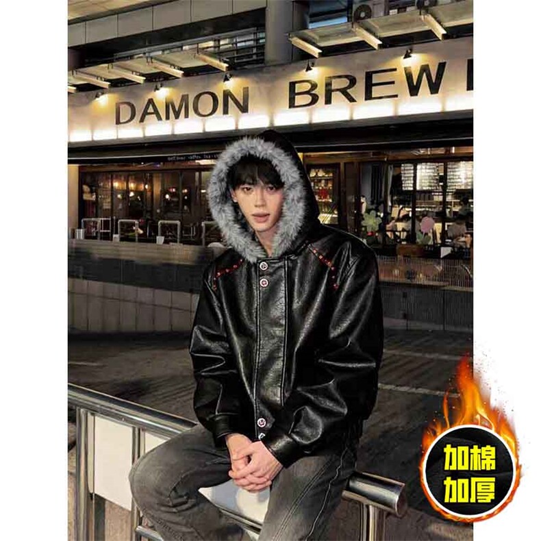 现货冬季美式潮牌痞帅PU皮机车服棉衣毛毛绒狼王座山雕皮棉服，男装棉衣，电商A486