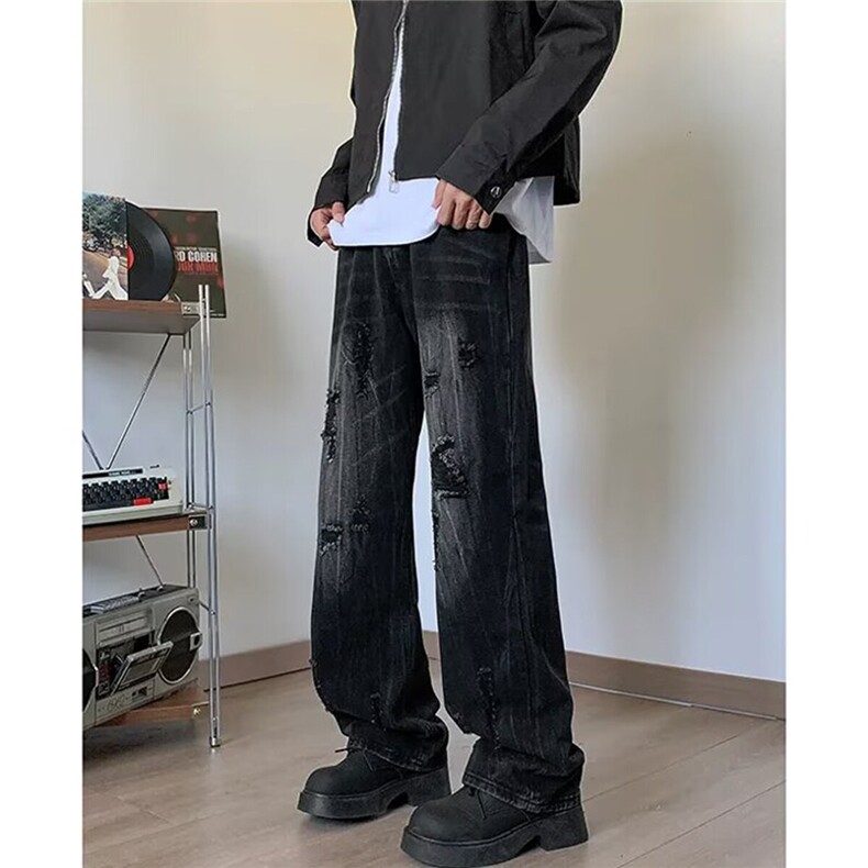 美式复古小众破洞牛仔裤高街百搭舒适情侣直筒裤KZ44556--TP40，男装牛仔裤，电商A247C