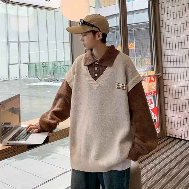 假两件毛衣男秋冬新款宽松潮牌学院风针织衫青少年外套M9141-p53,男装针织衫/毛衣,星座1008
