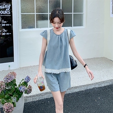 法式复古拼接小飞袖上衣套装女2025夏季新款显瘦牛仔短裤子两件套，女装套装/套裙，秋水欣儿