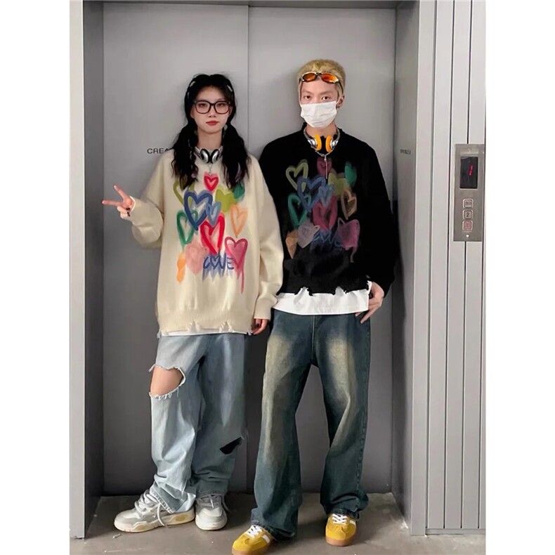 高街潮牌慵懒风毛衣男宽松韩系复古彩色爱心印花针织衫AA11-P34,男装针织衫/毛衣,星座208-5