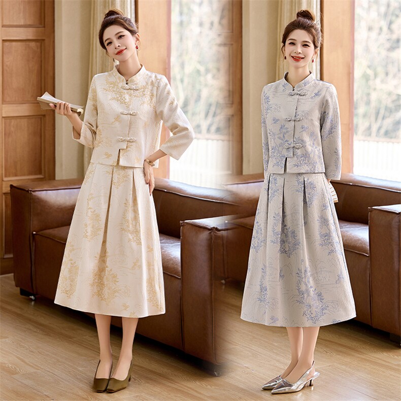 现货2025罗得堡新款新中式提花时尚气质两件套套裙992，女装套装/套裙，罗得堡