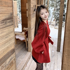 现货新款圣诞款2176-P350-K520双面羊绒大衣配狐狸毛围脖，女装双面呢大衣，然然