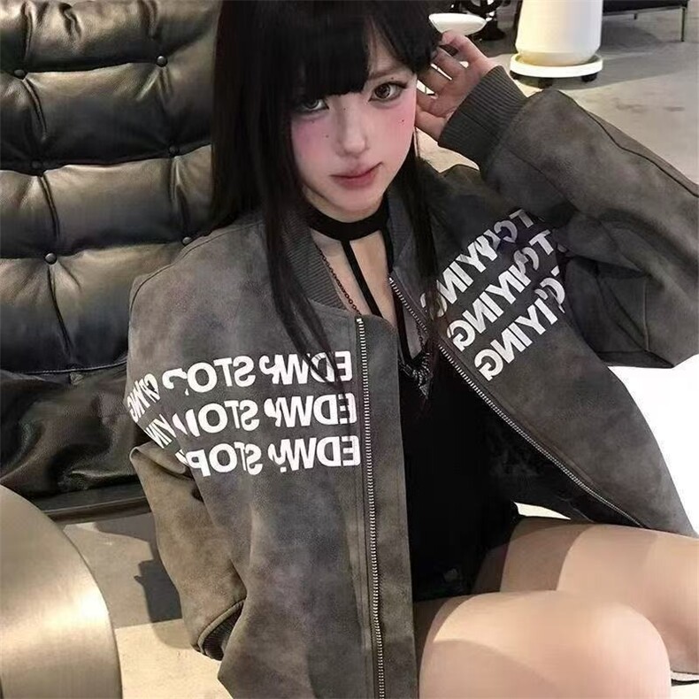 美式复古字母印花棒球服外套男女春秋高级感飞行员BF夹克皮上衣潮,男装夹克,星座1210-1