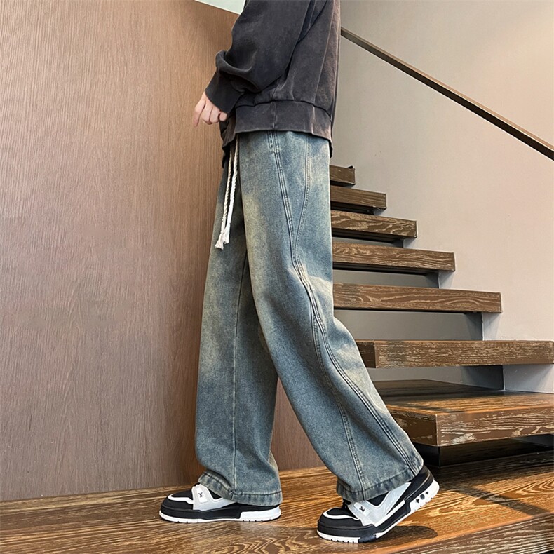 美式解构水洗微喇牛仔裤男秋季潮牌痞帅宽松大码直筒阔腿工装裤子，男装牛仔裤，电商B238