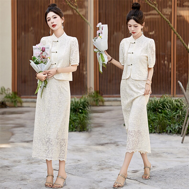 新中式国风套装裙女2025夏季新款穿搭一整套气质蕾丝连衣裙两件套，女装套装/套裙，魅影