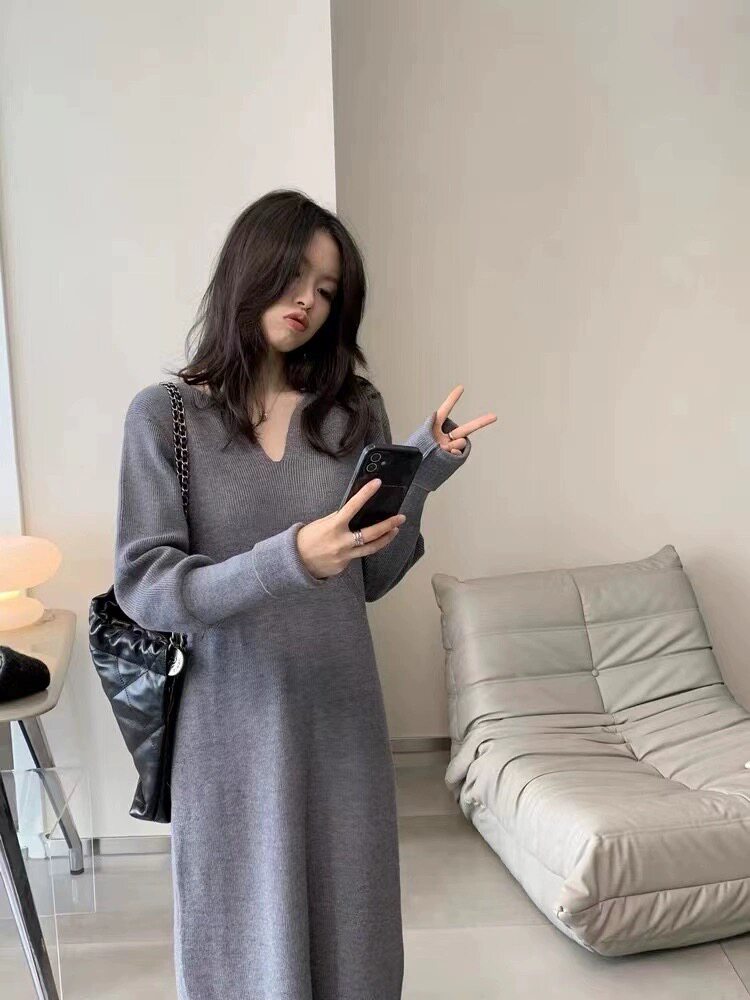 纯色V领套头羊毛针织衫女装宽松舒适休闲打底外穿连衣裙,女装连衣裙,思途羊绒