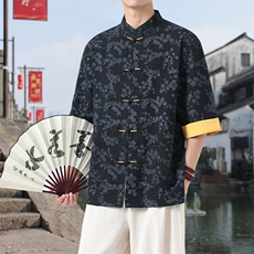 男士衬衫五分袖衬衣中袖印花立领唐装风XZ1512-2551-P45，男装T恤，星座1512