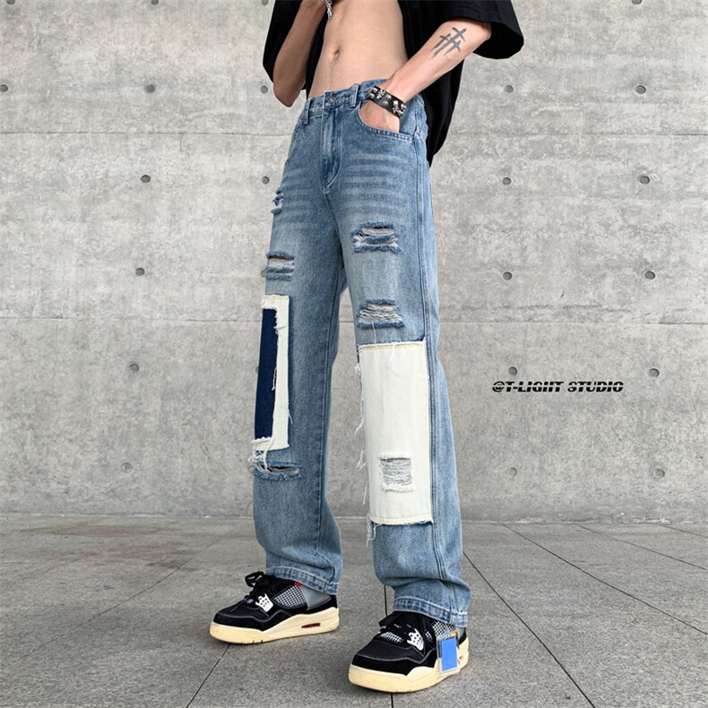 B221 美式ins高街小众个性乞丐裤直筒破洞牛仔裤 LK23099-P65控88图片