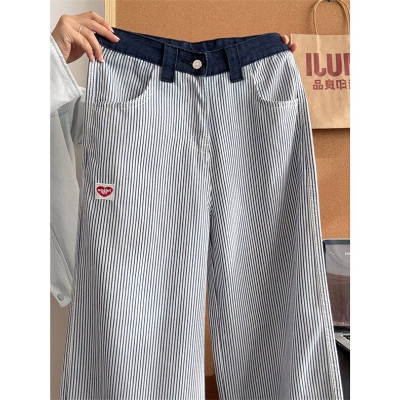 美式复古爱心刺绣竖条纹男女宽松慵懒风小众直筒裤S8907P43,男装休闲裤,星座1112-1