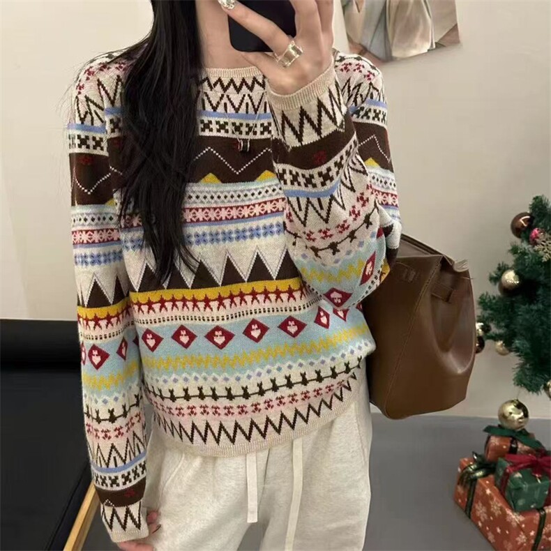 2025年秋季时尚百搭通勤简约休闲费尔岛提花，女装针织衫/毛衣，暖姿羊绒