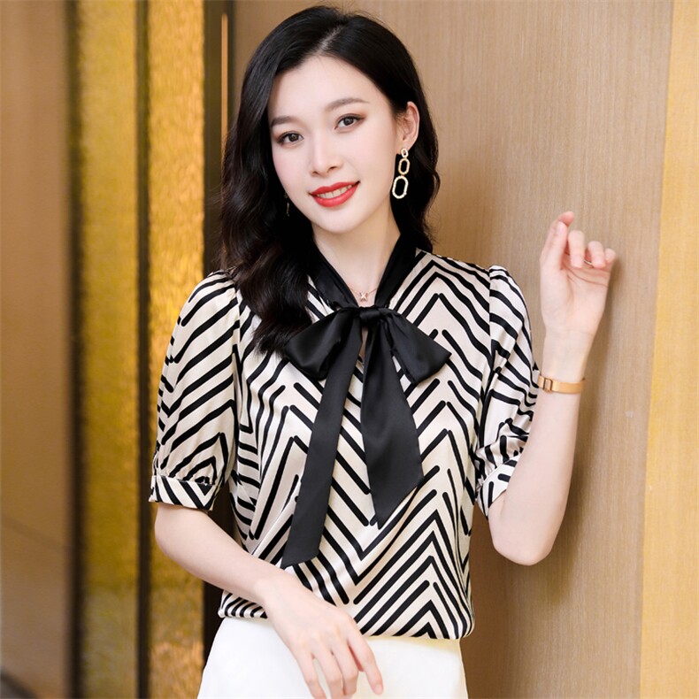 欧货条纹真丝衬衫女2022春新款蝴蝶结法式桑蚕丝大牌上衣欧货小,女装衬衫,阿舍尔精品