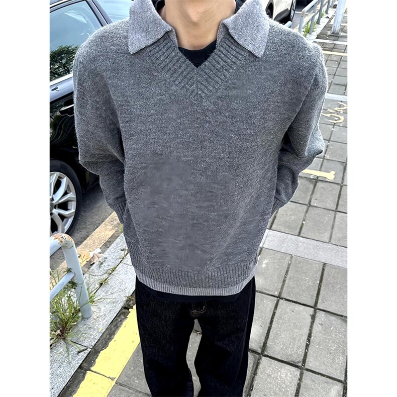 重磅北极绒假两件衬衫领毛衣美式高街复古休闲慵懒纯色翻领针织衫,男装针织衫/毛衣,电商A486-1