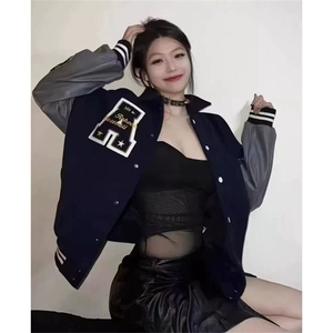 高街学院风黑色藏青色棒球服外套春秋小众情侣夹克上衣 JM213图片