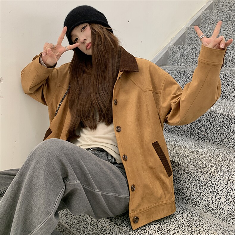 复古拼色翻领麂皮绒外套女2025秋季新款美式宽松百搭小个子夹克潮,女装短外套,慧峰