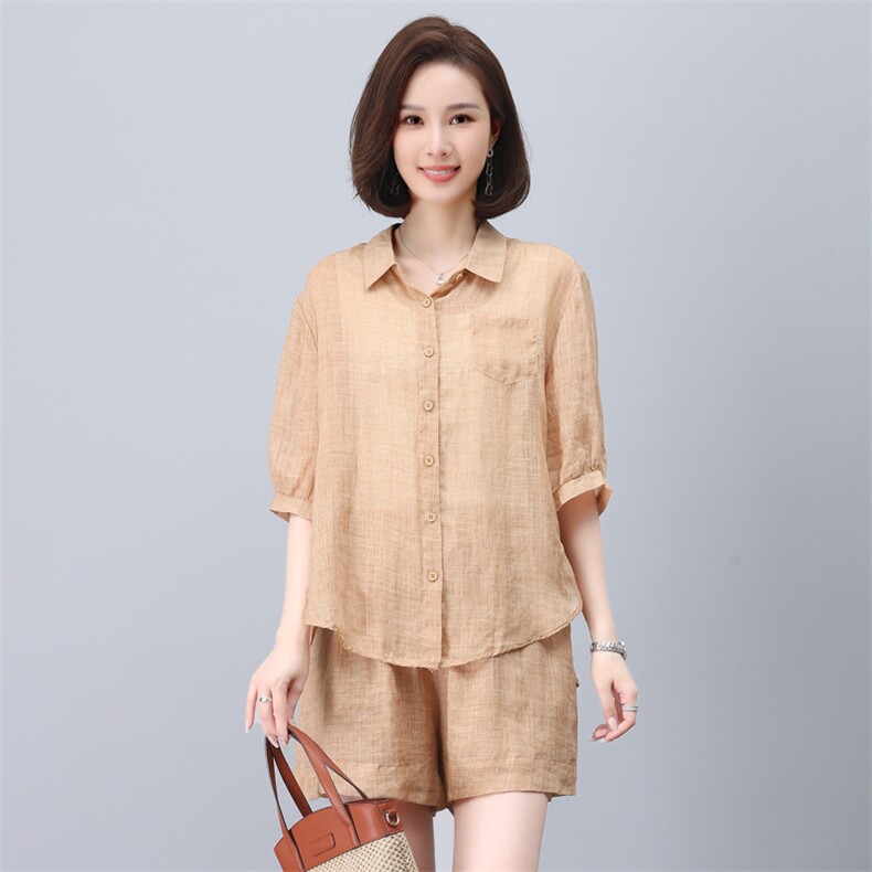 夏季妈妈棉麻苎麻短裤短袖套装女衬衫微胖时尚洋气休闲夏装两件套,女装套装/套裙,希欧阁