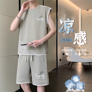 无袖背心男短袖T恤套装大码五分短裤两件套217-2-TZ07-特P50图片