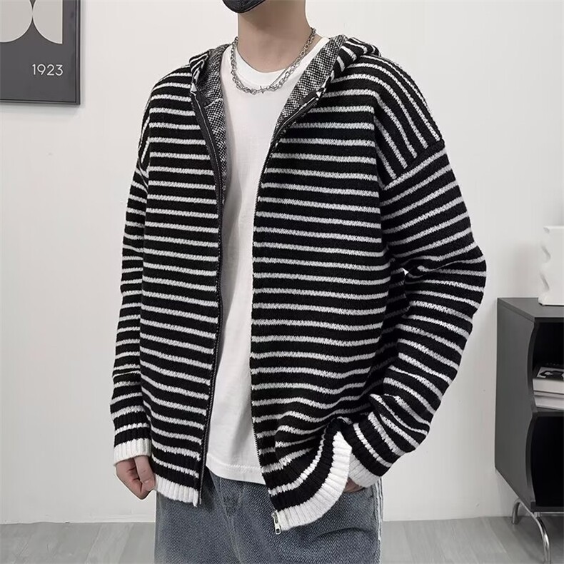 美式条纹连帽毛衣外套男春秋新款慵懒风宽松针织衫夹克M878,男装针织衫/毛衣,星座1116A-1（原606A）